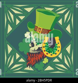 Abstrakter menschlicher Schädel mit Kleeblatt-Blättern-Design für St. Patrick's Day. Stock Vektor