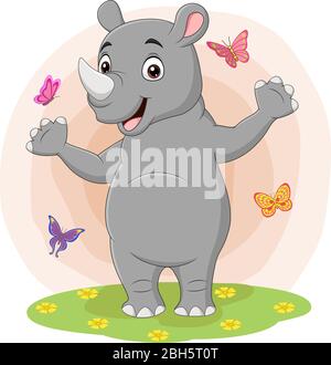 Cartoon glücklich Nashorn mit Schmetterlingen im Gras Stock Vektor