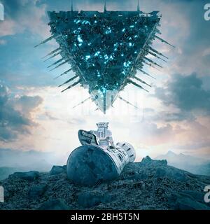 Alien Pyramide Macht / 3D-Illustration der Science-Fiction-Szene mit Astronauten Begegnung riesigen Raumschiff nach Crash Landung auf Wüstenplaneten Stockfoto