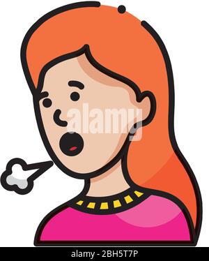 Cartoon Frau husten Symbol über weißem Hintergrund, Linie Farbe Stil, Vektor-Illustration Stock Vektor