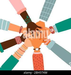 Hände zusammen - Satz von verschiedenen Rassen hob die Hände. Das Konzept der Bildung, Business-Training, Freiwilligenarbeit Wohltätigkeit, Partei. Stock Vektor