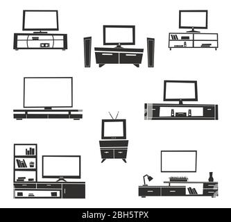 Moderner TV-Tischständer mit Glasregalen. Vector TV steht Möbel Symbol Set. Stock Vektor