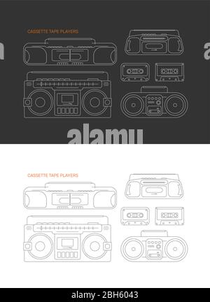 Strichgrafikbilder isoliert auf einem schwarzen und auf einem weißen Hintergrund Kassette Tape Player Vektorgrafik. Vier Vintage Kassettenrekorder. Stock Vektor