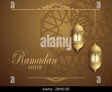 Ramadan Kareem islamisches Design, zwei Laternen, die Gold hängen, auf einem braunen Hintergrund und islamisches geometrisches Muster. Stock Vektor