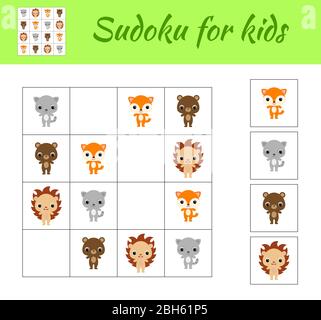 Sudoku Spiel für Kinder mit Bildern. Kinder Aktivitätenblatt. Lernspiel für Kinder und Kleinkinder im Vorschulalter. Set von niedlichen Cartoon Tiere. Stock Vektor