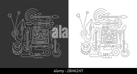 Line Art Silhouetten isoliert auf einem dunkelgrauen und auf einem weißen Hintergrund Alte Tonbandgerät und Musikinstrumente Vektor-Illustrationen. Stock Vektor