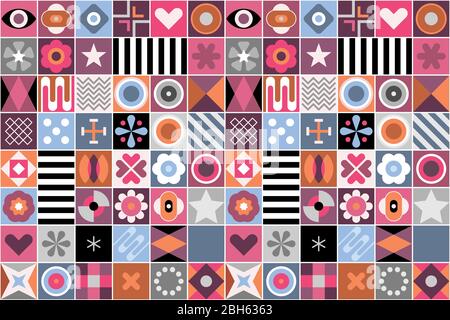 Abstrakt geometrische nahtlose Vektor Hintergrund. Zusammensetzung von verschiedenen dekorativen geometrischen Mustern und Formen. Stock Vektor