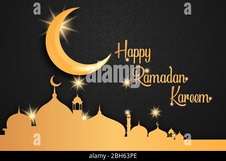 Happy ramadan kareem Banner, Illustration des goldenen Mondes und der Silhouette der goldenen Moschee, auf schwarzem Hintergrund. Stock Vektor