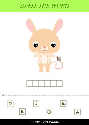 Rechtschreibung Wort Scramble Spiel Vorlage. Pädagogische Aktivität für Kinder im Vorschulalter und Kleinkinder mit niedlichen Jerboa. Abbildung des flachen Vektorbestands. Stock Vektor