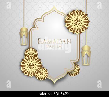 Schöne Ramadan Kareem Grußkarte Design. Mit hängenden Laternen und floralen Ornamenten auf weißem Hintergrund und Muster. Stock Vektor