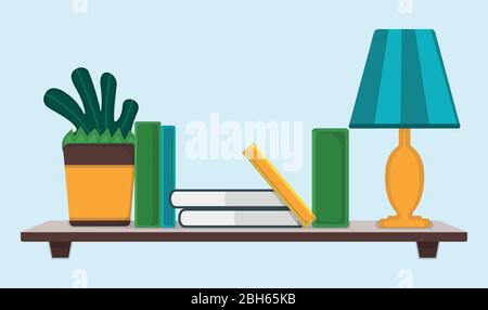 Wandregal mit grünen Blatt Topf, Stapel Buch bringen Lampe isoliert auf rosa Hintergrund, flache Vektor-Illustration. Gemütliche moderne Innenausstattung, Platz für sto Stock Vektor