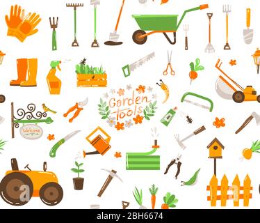 Große Gartensammlung Symbole Set und Design-Elemente. Gartengeräte und Dekorkollektion, isoliertes Muster auf weißem Hintergrund. Vektorgrafik Stock Vektor