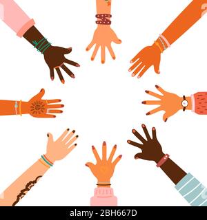 Hände zusammen - Satz von verschiedenen Rassen hob die Hände. Das Konzept der Bildung, Business-Training, Freiwilligenarbeit Wohltätigkeit, Partei. Stock Vektor
