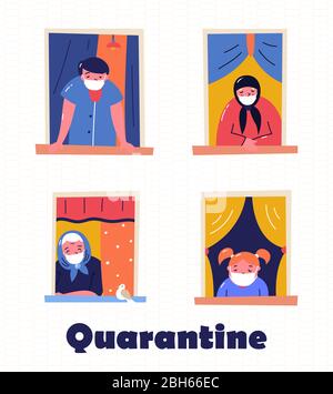Bleiben Sie zu Hause Motivationsbanner. Menschen in Fenstern zu Hause bleiben wegen Quarantäne, arbeiten, studieren, Gitarre spielen, Lesen. Backsteinhäuser vorne. Stock Vektor
