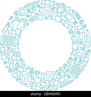 Handgezeichnetes Monoline Pharmacy Doodle Hintergrund in Vektorrahmen gesetzt. Kollektion Design-Elemente mit Platz für Ihren Text Stock Vektor
