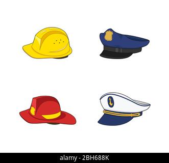 Arbeiteruniform. Polizist, Feuerwehrmann, Kapitän, Baumeister Hut gesetzt. Feuerwehrmann Rot und Konstruktion gelben Helm. Sicherheitsausrüstung. Mütze und Helmkollektion Stock Vektor