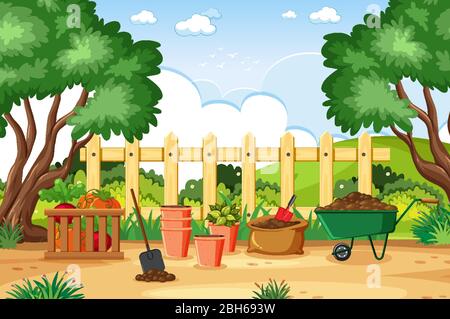 Hintergrund-Szene mit Gartengeräten in der Park-Illustration Stock Vektor