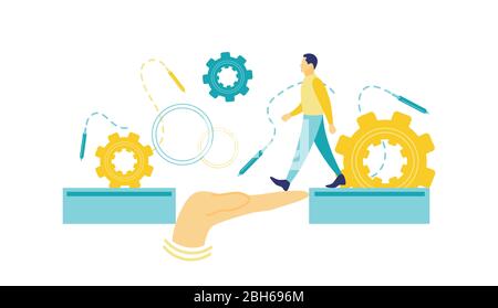 Flache Vektor-Illustration eines Geschäftskonzepts, Geschäftsmann über eine abstrakte Handbrücke mit weißem Hintergrund. Das Konzept der Teamarbeit. Stock Vektor