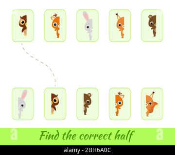 Clip Karten Spiel Vorlage finden richtige Hälften. Passendes Spiel für Kinder. Pädagogische Aktivität für Kinder und Kleinkinder im Vorschulalter Stock Vektor