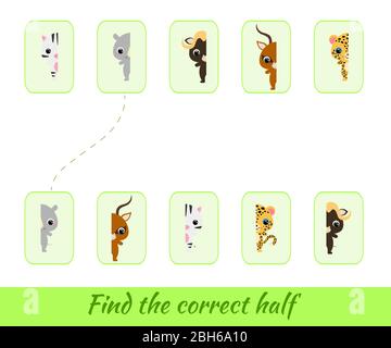 Clip Karten Spiel Vorlage finden richtige Hälften. Passendes Spiel für Kinder. Pädagogische Aktivität für Kinder und Kleinkinder im Vorschulalter Stock Vektor