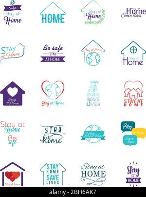 Bleiben Sie zu Hause Nachrichten Icon Set, Schriftzüge Typografie, Hand Brief buntes Design über weißem Hintergrund, Vektor-Illustration Stock Vektor