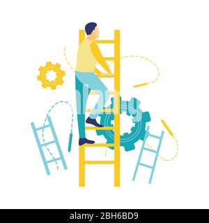 Flache Vektor-Illustration, Karriere Konzept eines Mannes, der eine Leiter in blau und gelb flachen Stil klettert. Stock Vektor