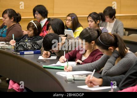 Laredo, TX 20. Februar 2009: Neuling-Studenten, die einen Geschichtskurs an der Texas A&M International University besuchen, machen sich während des Vortrags Notizen. ©Bob Daemmrich Stockfoto