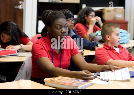 Dallas, Texas, 23. Januar 2009: Schüler der achten Klasse der Englischklasse an der Peak Preparatory Academy in East Dallas. Die Schule ist eine öffentlich-rechtliche Schule, die in ihrer fünfjährigen Geschichte ein bemerkenswertes Wachstum bei den Schülerleistungen verzeichnet hat. ©Bob Daemmrich Stockfoto