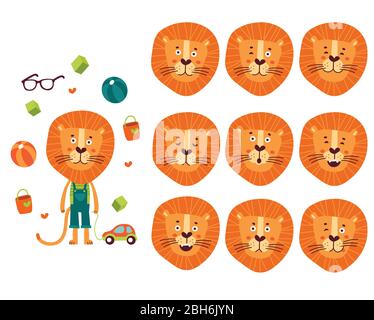 Set of cute cartoon lion with various emotions.  Stock Vektor