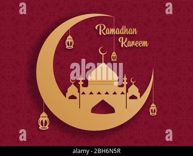 vektor des Ramadan Kareem aus der Kombination von Mond und Moschee in orange-gelb. Auf rotem Hintergrund mit Muster Stock Vektor