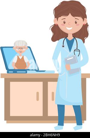 Frau Arzt mit Laptop auf reception und alten Mann Design der medizinischen Versorgung Gesundheit Notfall Hilfe Prüfung Klinik und Service Thema Vektor-Illustration Stock Vektor
