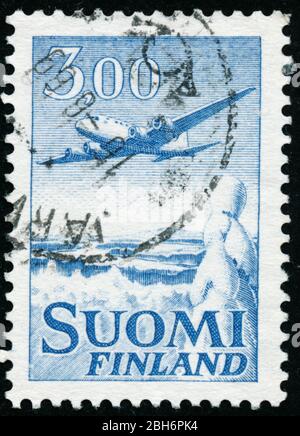 POLTAVA, UKRAINE - 24. April 2020. Vintage-Stempel gedruckt in Finnland um 1958 zeigt Flugzeuge Stockfoto