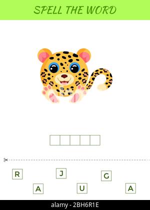 Rechtschreibung Wort Scramble Spiel Vorlage. Pädagogische Aktivität für Kinder im Vorschulalter und Kleinkinder mit niedlichen jaguar. Abbildung des flachen Vektorbestands. Stock Vektor
