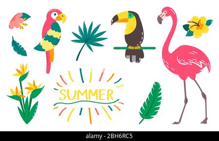 Set von niedlichen Sommer-Ikonen: Palmblätter, tropische Pflanzen, Tukan, Papagei und rosa Flamingo. Helles Poster für den Sommer. Sammlung von Scrapbooking-Element Stock Vektor