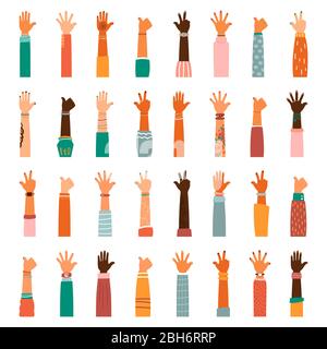 Set von verschiedenen Rassen hob die Hände. Das Konzept der Bildung, Business-Training, Freiwilligenarbeit Wohltätigkeit, Partei. Stock Vektor