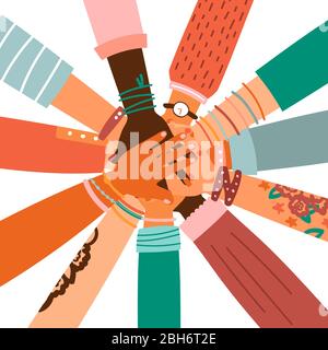 Hände zusammen - Satz von verschiedenen Rassen hob die Hände. Das Konzept der Bildung, Business-Training, Freiwilligenarbeit Wohltätigkeit, Partei. Stock Vektor