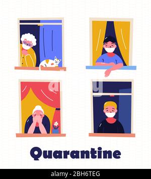 Bleiben Sie zu Hause Motivationsbanner. Menschen in Fenstern zu Hause bleiben wegen Quarantäne, arbeiten, studieren, Gitarre spielen, Lesen. Backsteinhäuser vorne. Stock Vektor