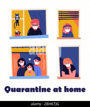 Bleiben Sie zu Hause Motivationsbanner. Menschen in Fenstern zu Hause bleiben wegen Quarantäne, arbeiten, studieren, Gitarre spielen, Lesen. Backsteinhäuser vorne. Stock Vektor