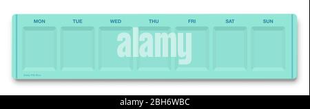 Tägliche Pille Box, leere Pille Organizer für sieben Tage der Woche, Draufsicht - Abbildung auf weißem Hintergrund. Stockfoto