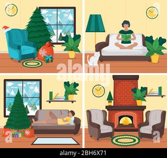 Charakter Frau, Mann entspannen Landhaus, Weihnachten und weihnachten Konzept Design gemütliche Innenraum Ort Set Cartoon Vektor Illustration. Winteransicht vom Wind Stock Vektor