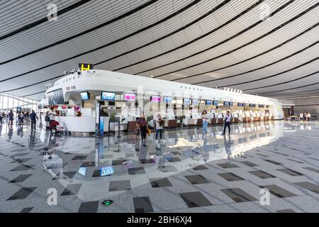 Peking, China - 30. September 2019: Pekinger Daxing Neuer internationaler Flughafen Terminal (PKX) in China. Stockfoto