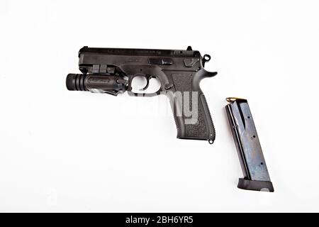 Cz 75 SP-01 PHANTOM, Standard-Größe Pflicht und Verteidigung Pistole, mit Polymerrahmen, cal. 9 mm Luger; 9x21; 9x19, mit taktischem Licht, ausgebautes Magazin, am Stockfoto