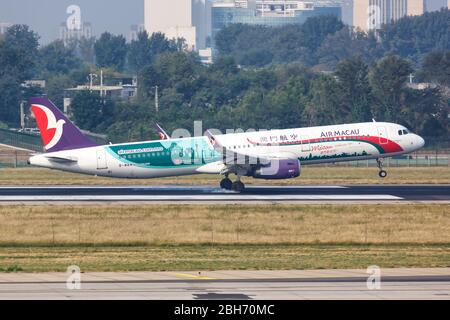 Peking, China – 2. Oktober 2019: Air Macau Airbus A321 Flugzeug am Flughafen Beijing Capital (PEK) in China. Stockfoto