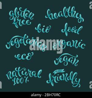 Satz vegane Schriftzüge. Symbole für gesunde Ernährung. Vektorgrafik. Stock Vektor