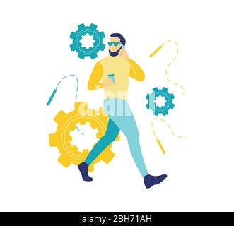 Flache Vektor-Illustration eines Geschäftskonzepts, ein schöner bärtiger junger Geschäftsmann, der auf einer weißen Wand beim Kaffeetrinken geht. Sprechen Sie am Telefon. Stock Vektor