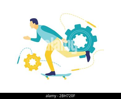 Flache Vektor-Illustration eines Geschäftskonzepts, ein Geschäftsmann mit einem Skateboard eilt ins Büro zu gehen. Disziplin der Zeit in gehen zur Arbeit. Stock Vektor