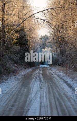 Leere schmale Landstraße im Winter, Finnland Stockfoto