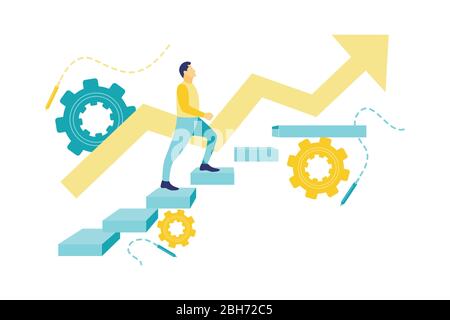 Flache Vektor-Illustration eines Geschäftskonzepts, Geschäftsmann auf Betontreppe mit Geschäftsskizze. Finanz- und Wachstumskonzept. Stock Vektor