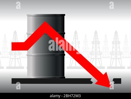 Vector Ölkrise Konzept. Der Rückgang der Ölpreise, Kraftstoff. Der rote Pfeil des Graphen vor dem Hintergrund des Fasses fällt unter die mögliche, bel Stock Vektor