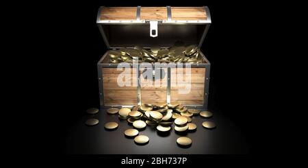 Schatzkiste mit Gold auf schwarzem Hintergrund. Alte Holzkiste mit offenem Deckel voller Goldmünzen. 3d-Darstellung Stockfoto